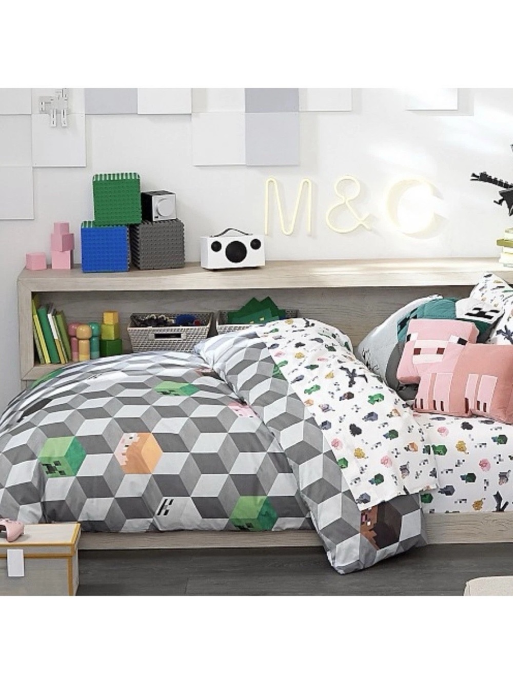 NEW Pottery Barn Kids Minecraft Organic Duvet Cover TWIN Gray Black Gaming Geo